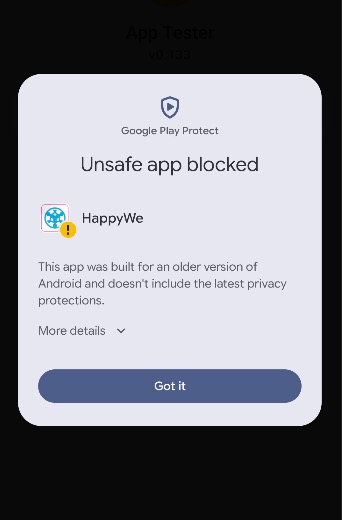 Android-melding dat HappyWe is gemaakt voor een oudere versie van Android